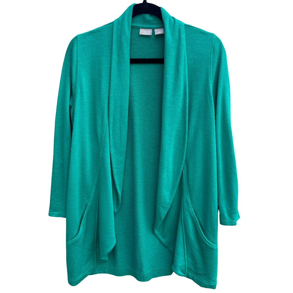 Chicos Zenergy Green Open Front Cardigan Shawl Collar Snap Tab Sleeve S Layering