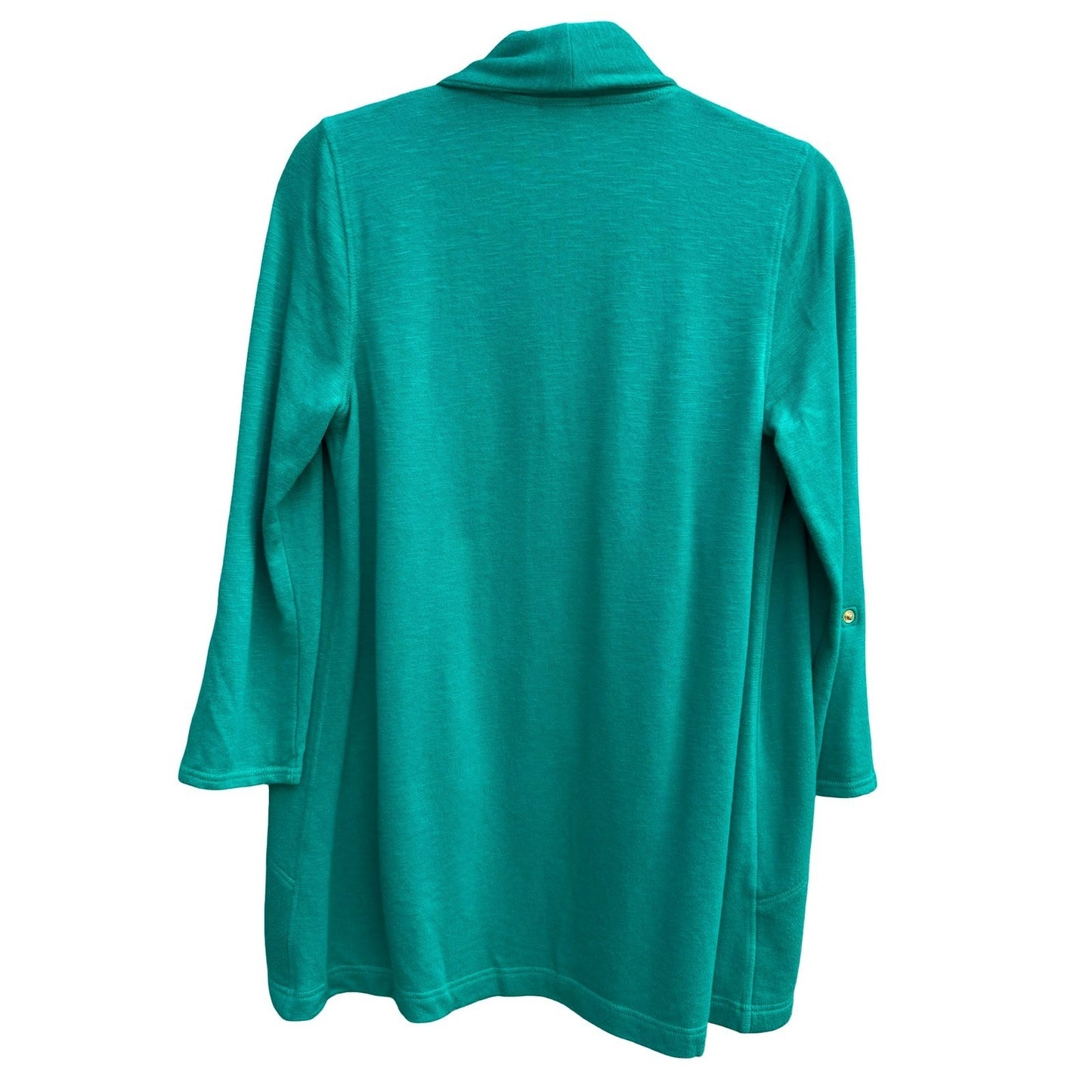 Chicos Zenergy Green Open Front Cardigan Shawl Collar Snap Tab Sleeve S Layering