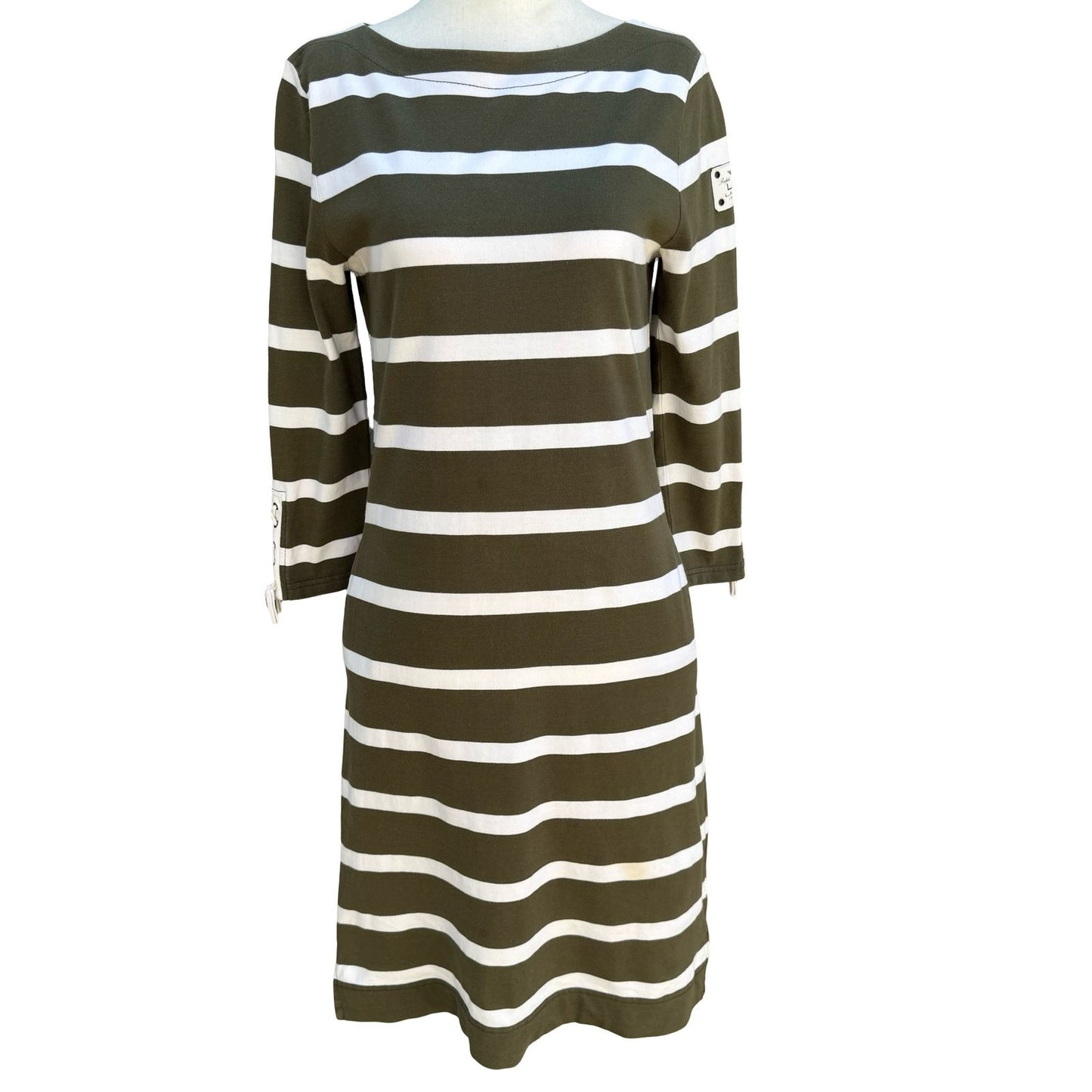 Lauren Ralph Lauren Green Nautical Striped Lace Up Sleeve Preppy Dress S Coastal