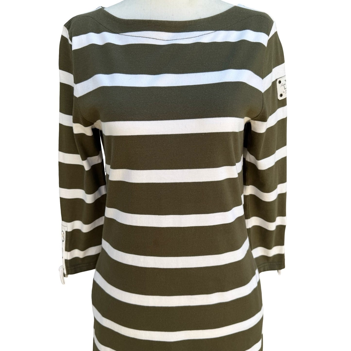 Lauren Ralph Lauren Green Nautical Striped Lace Up Sleeve Preppy Dress S Coastal