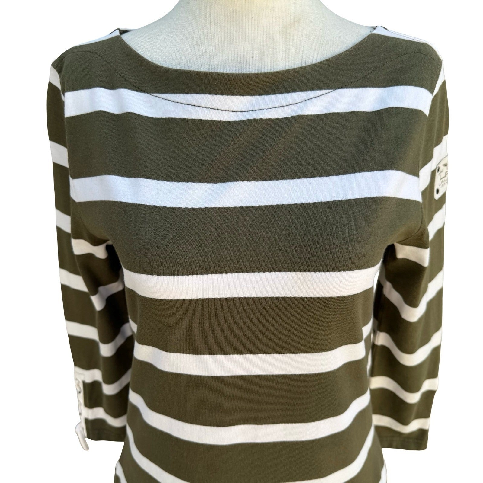 Lauren Ralph Lauren Green Nautical Striped Lace Up Sleeve Preppy Dress S Coastal