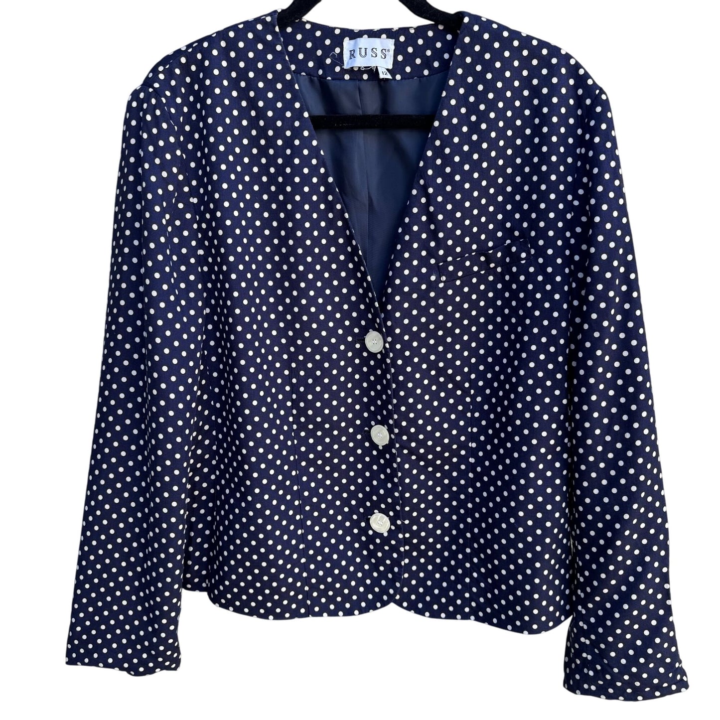 Russ Vintage Navy White Polka Dot Womens Retro Chic Lined Preppy Jacket Blazer