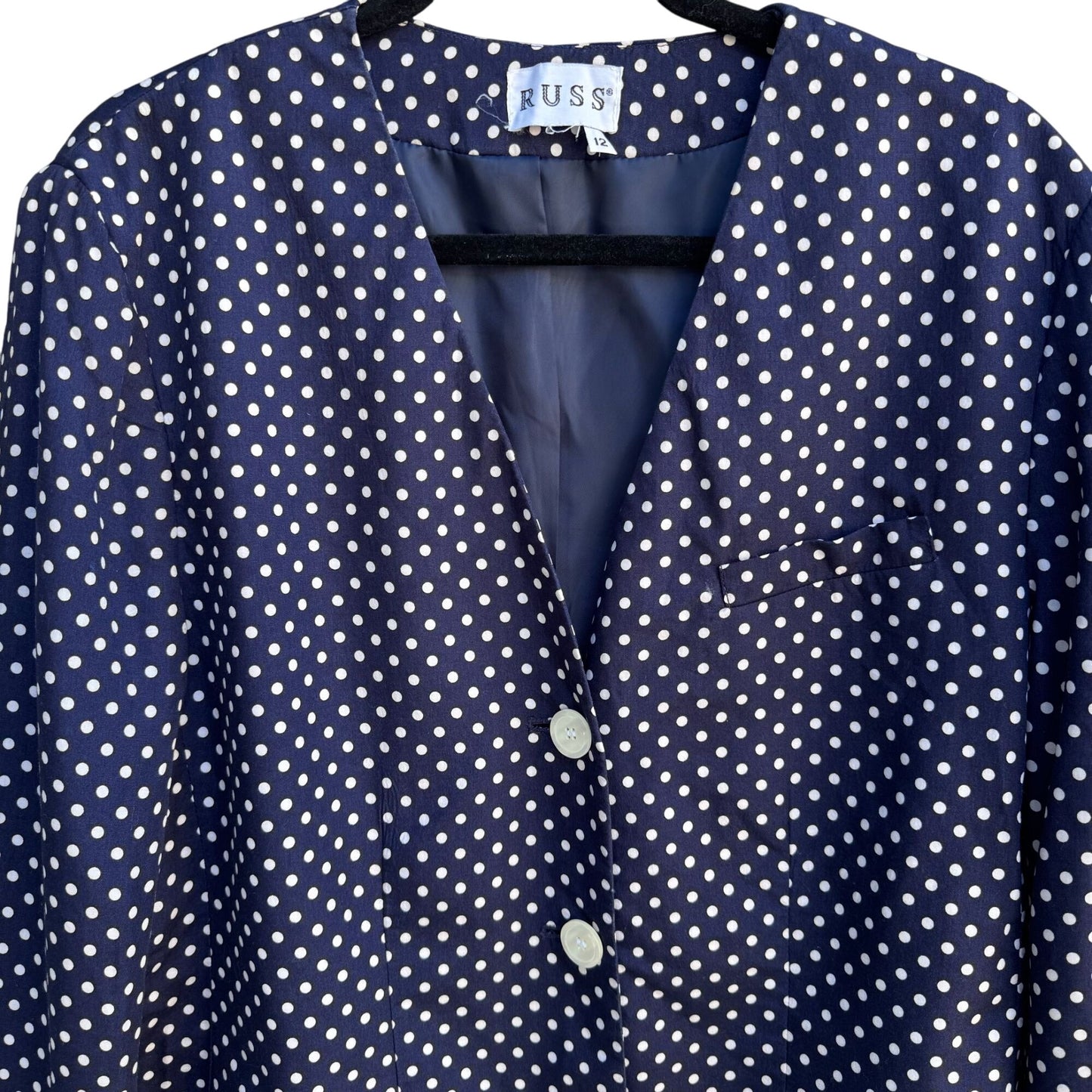 Russ Vintage Navy White Polka Dot Womens Retro Chic Lined Preppy Jacket Blazer
