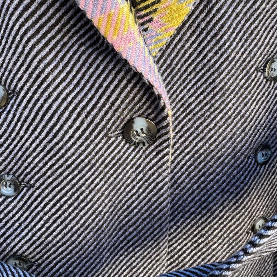 Randolph Duke The Look Wool Blend Blazer Faux Fur Collar Pastel Plaid Navy 6 NEW