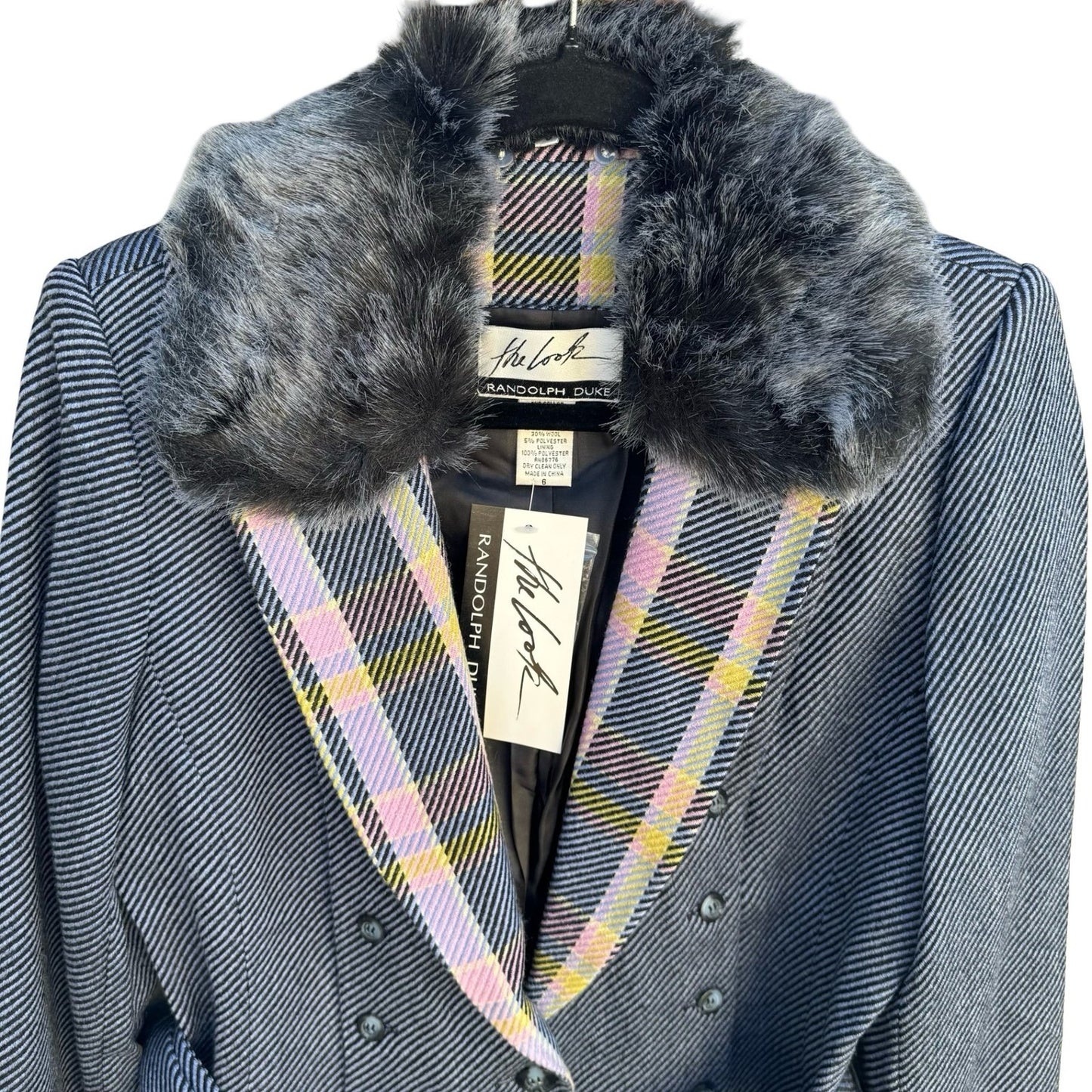 Randolph Duke The Look Wool Blend Blazer Faux Fur Collar Pastel Plaid Navy 6 NEW
