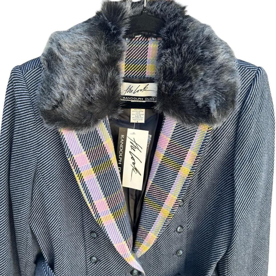 Randolph Duke The Look Wool Blend Blazer Faux Fur Collar Pastel Plaid Navy 6 NEW