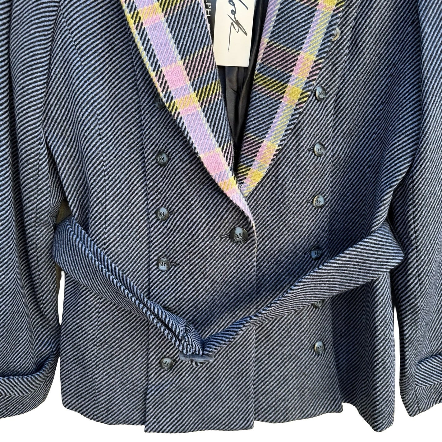 Randolph Duke The Look Wool Blend Blazer Faux Fur Collar Pastel Plaid Navy 6 NEW