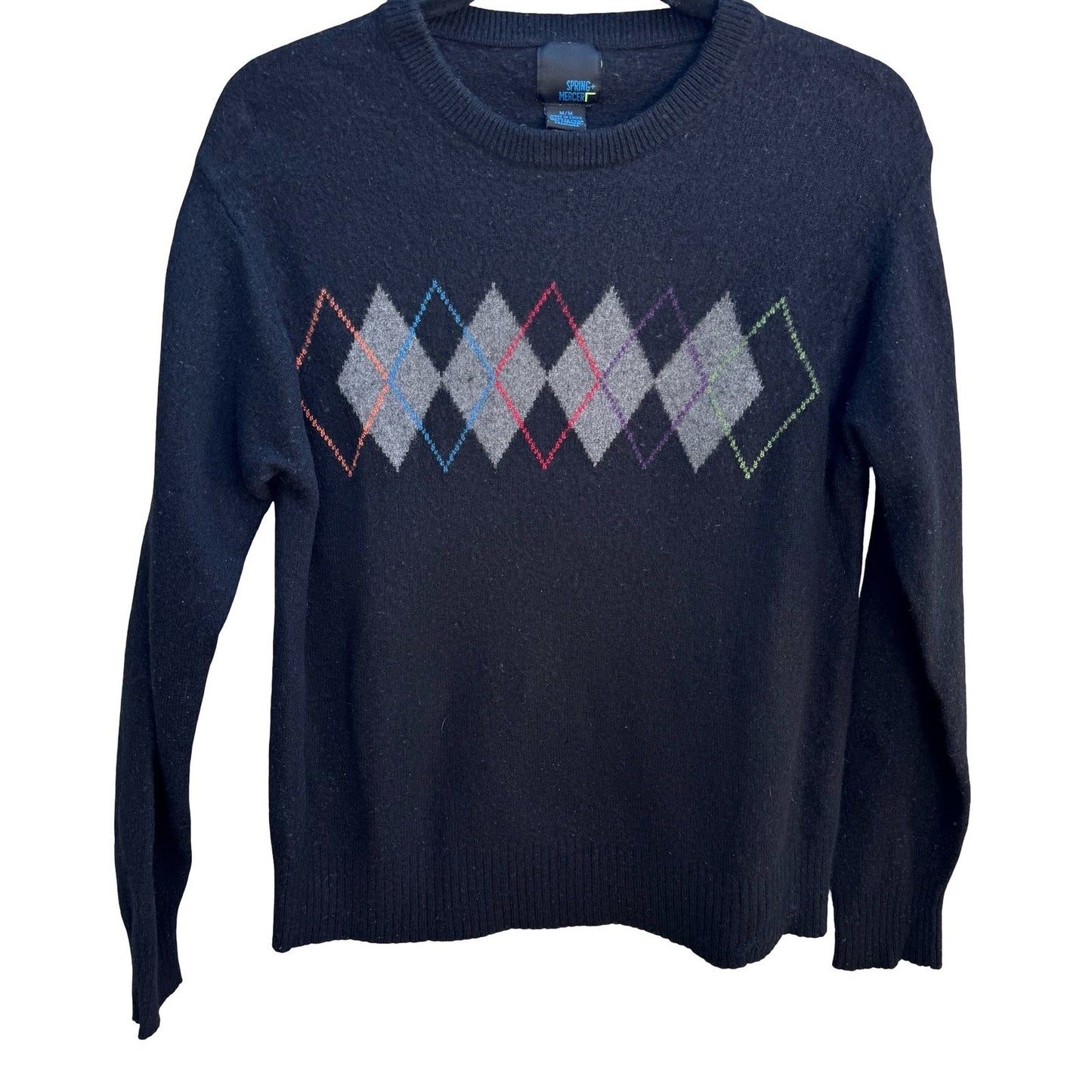 Spring + Mercer 100% Cashmere Luxury Preppy Argyle Crewneck Sweater Black Mens M