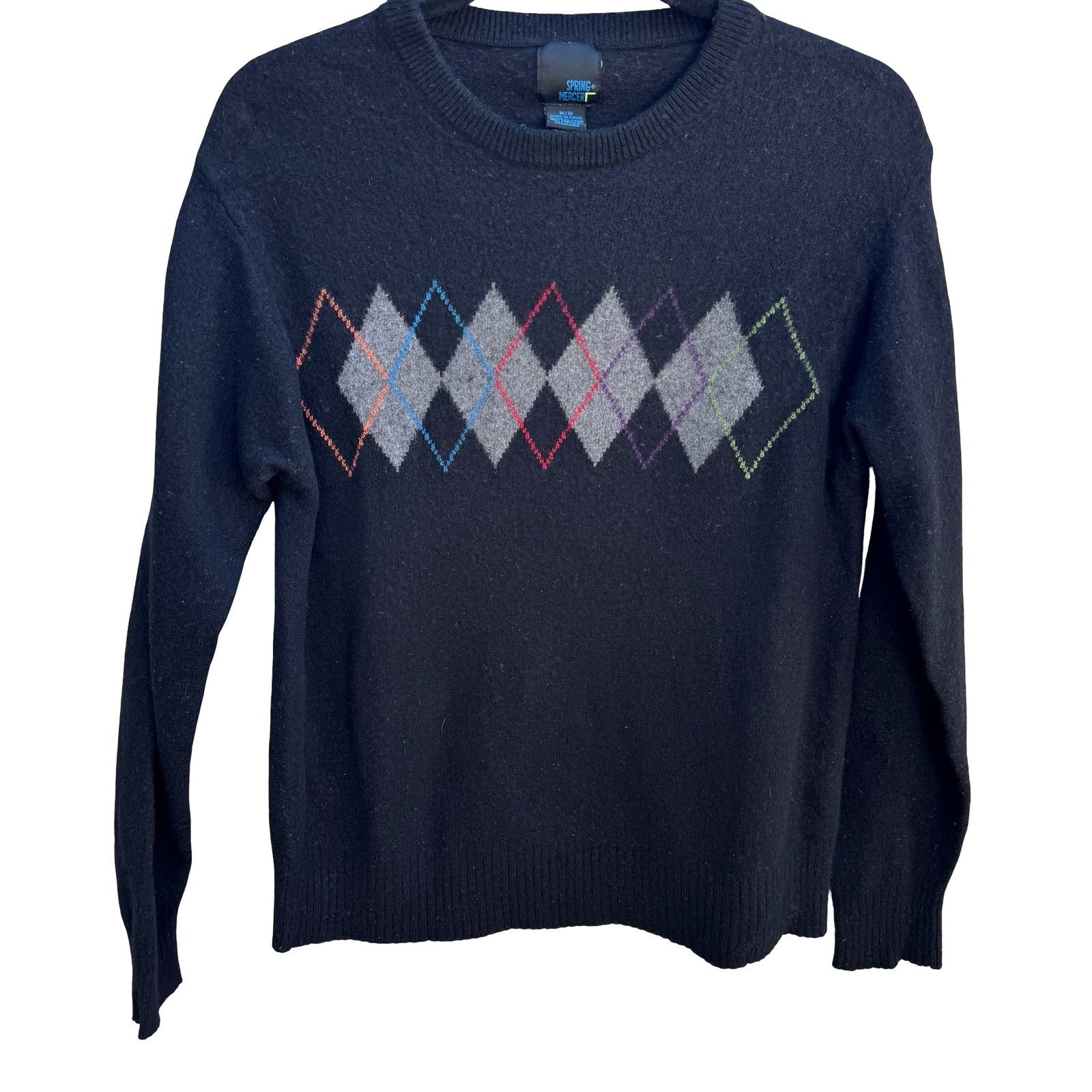 Spring + Mercer 100% Cashmere Luxury Preppy Argyle Crewneck Sweater Black Mens M
