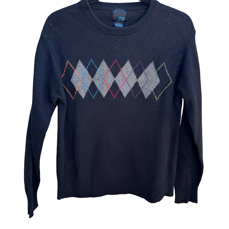 Spring + Mercer 100% Cashmere Luxury Preppy Argyle Crewneck Sweater Black Mens M