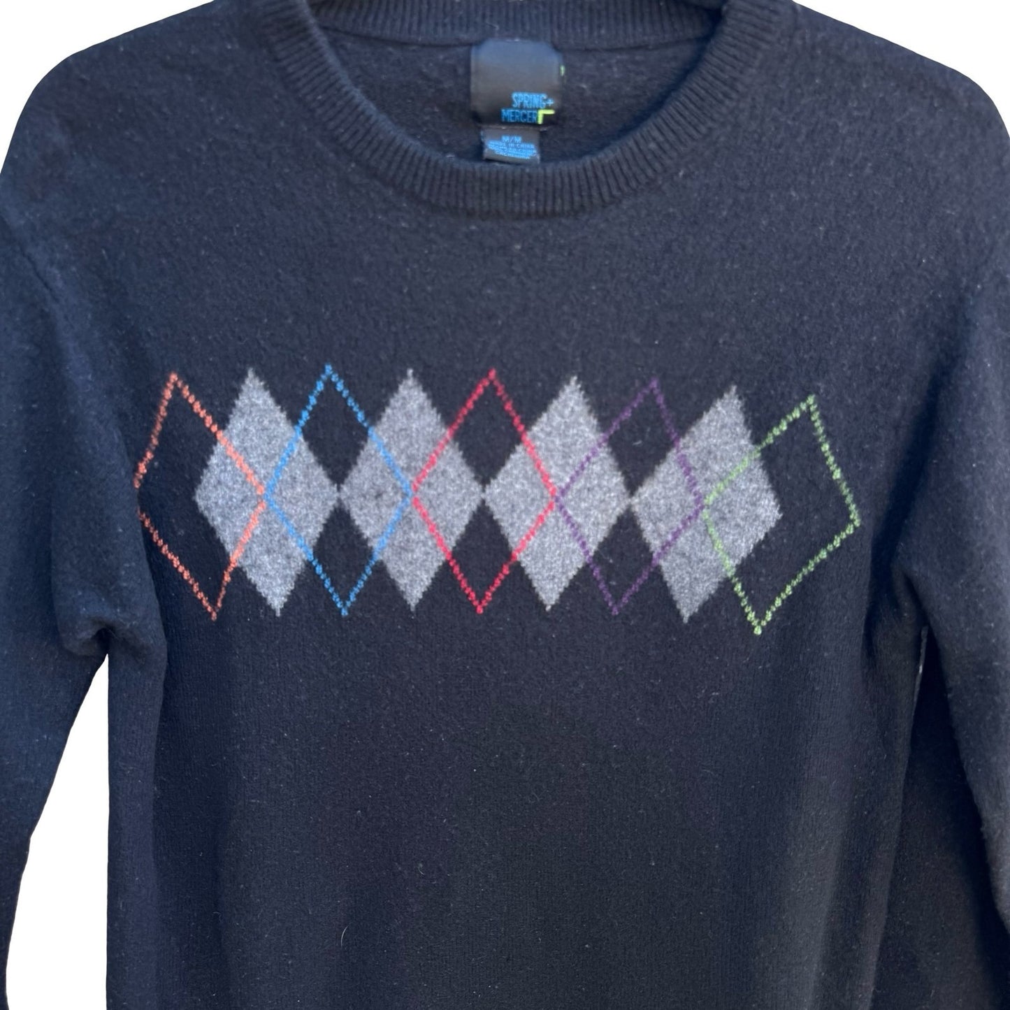 Spring + Mercer 100% Cashmere Luxury Preppy Argyle Crewneck Sweater Black Mens M