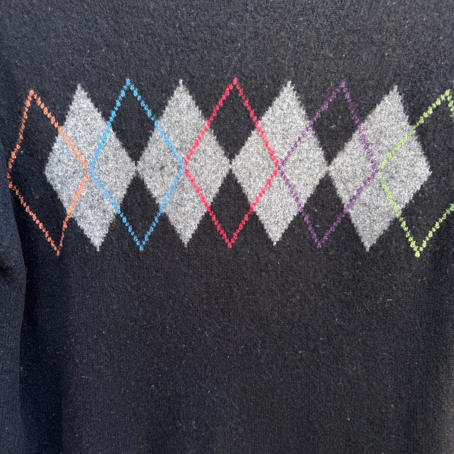 Spring + Mercer 100% Cashmere Luxury Preppy Argyle Crewneck Sweater Black Mens M