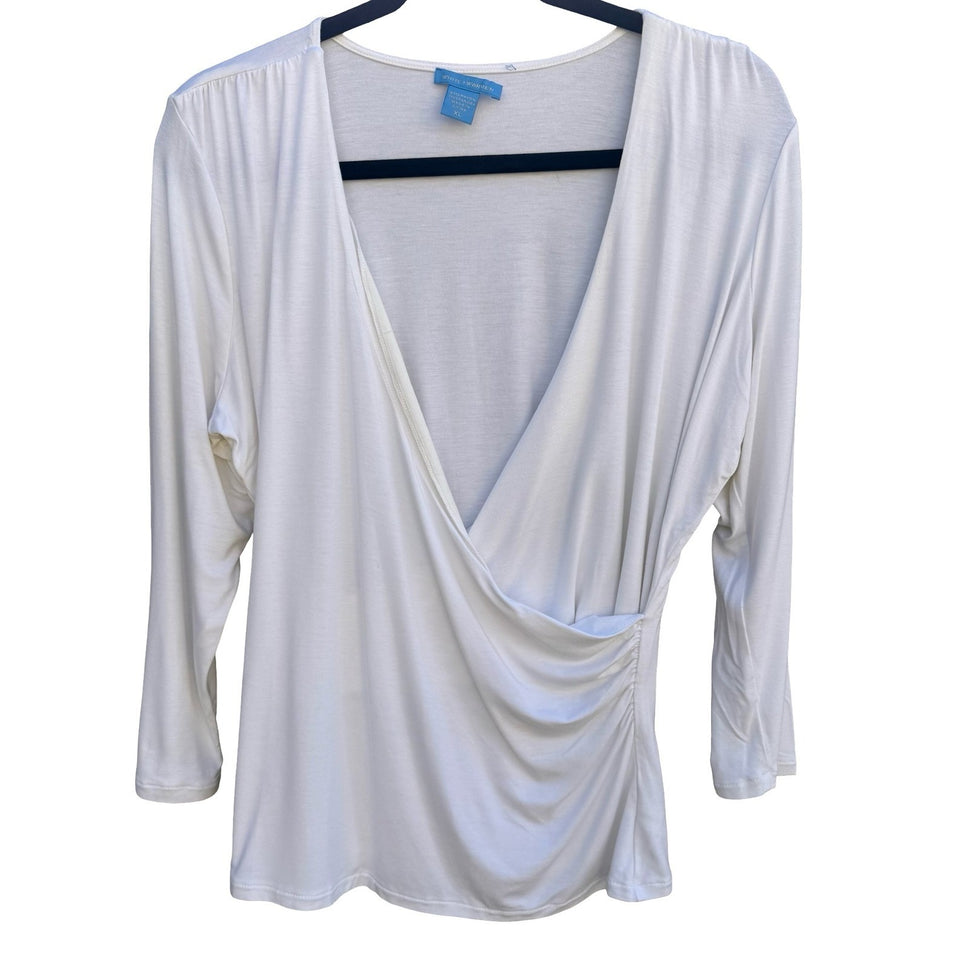 White Warren Womens XL White Faux Wrap Surplice V-Neck Ruched 3/4 Sleeve Top