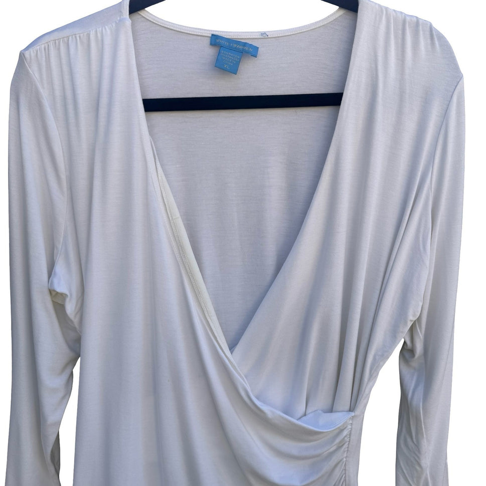 White Warren Womens XL White Faux Wrap Surplice V-Neck Ruched 3/4 Sleeve Top
