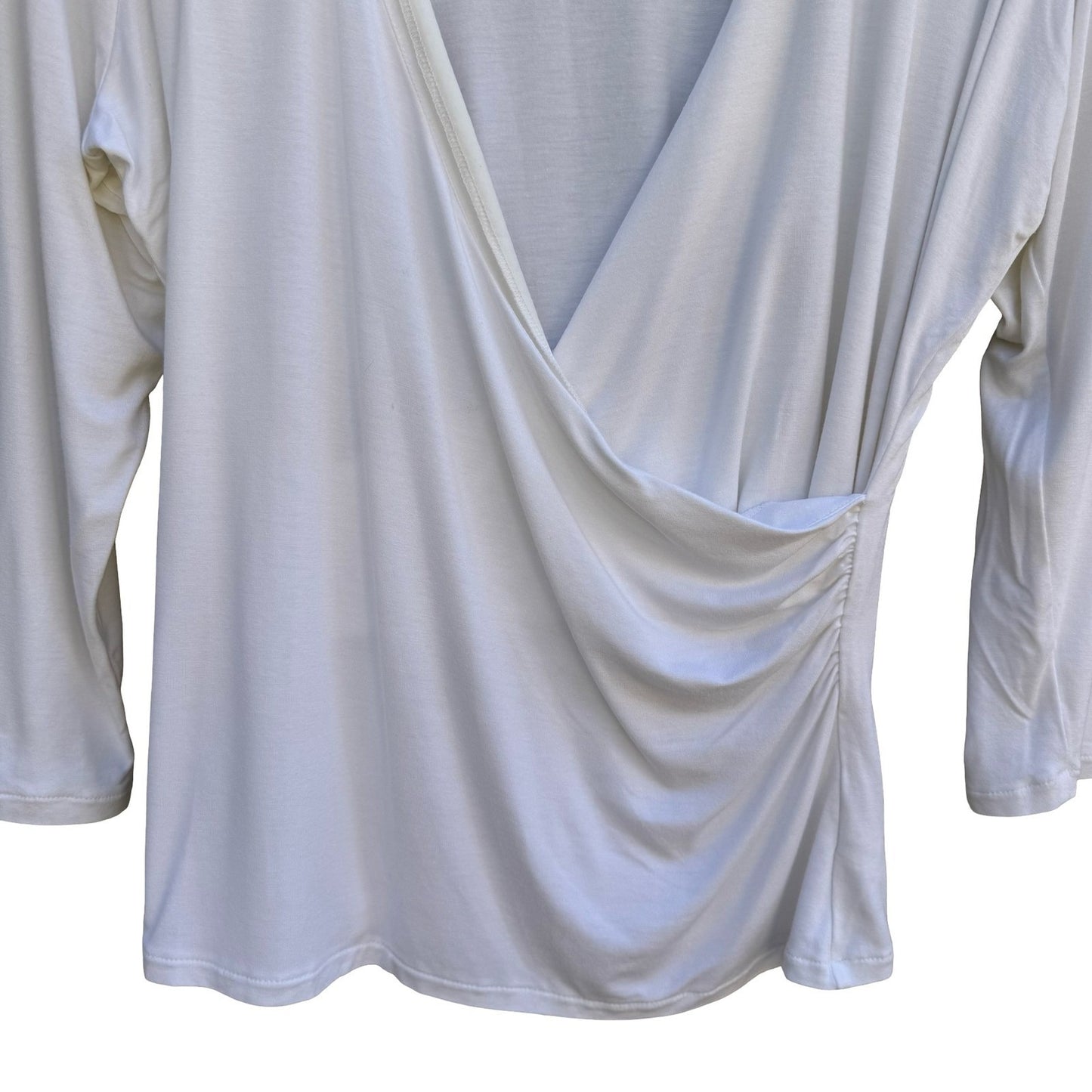 White Warren Womens XL White Faux Wrap Surplice V-Neck Ruched 3/4 Sleeve Top