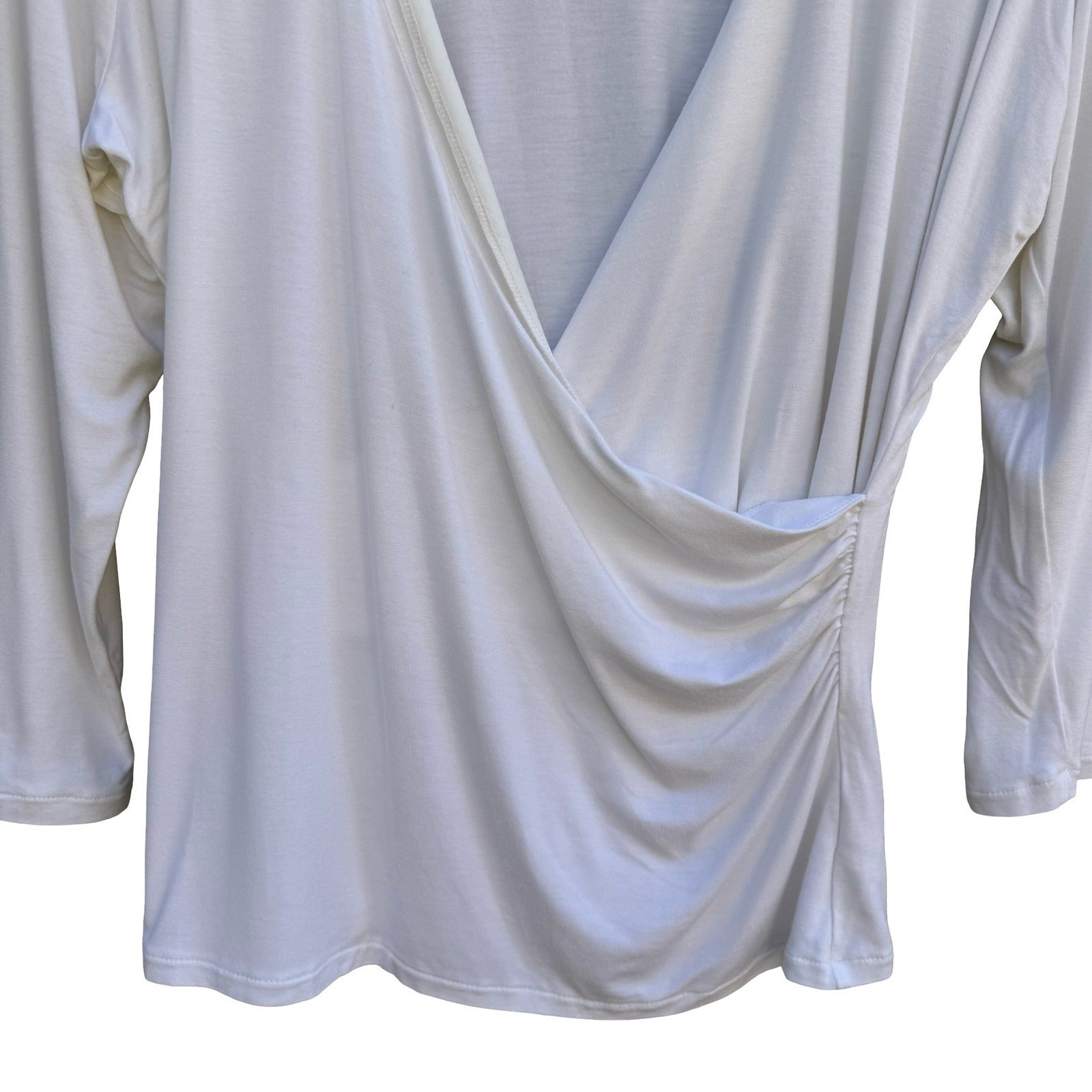 White Warren Womens XL White Faux Wrap Surplice V-Neck Ruched 3/4 Sleeve Top