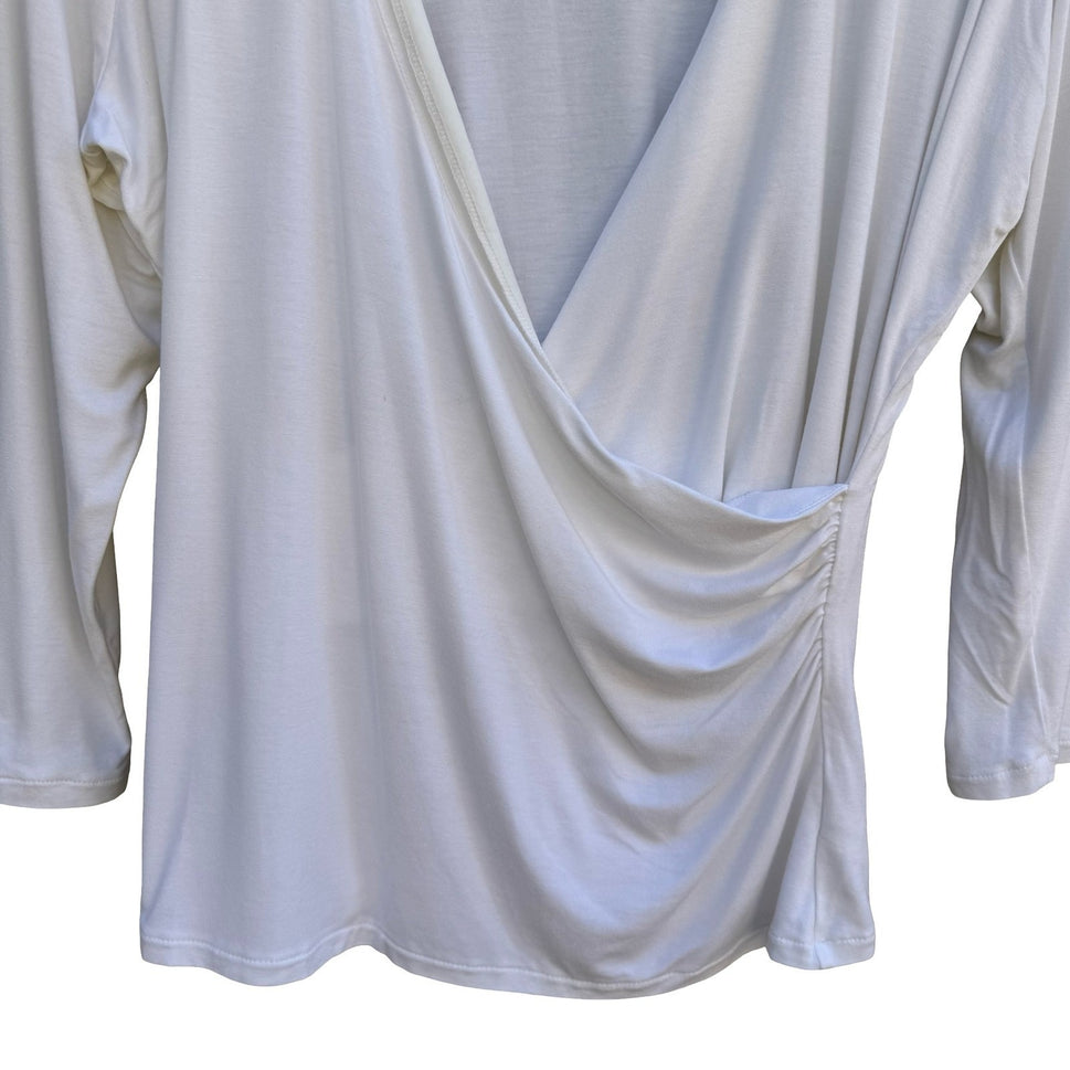 White Warren Womens XL White Faux Wrap Surplice V-Neck Ruched 3/4 Sleeve Top