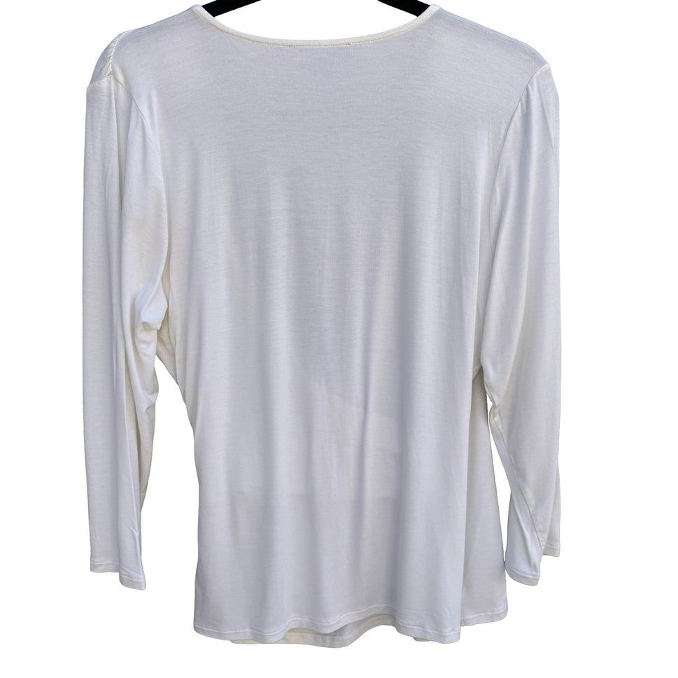 White Warren Womens XL White Faux Wrap Surplice V-Neck Ruched 3/4 Sleeve Top