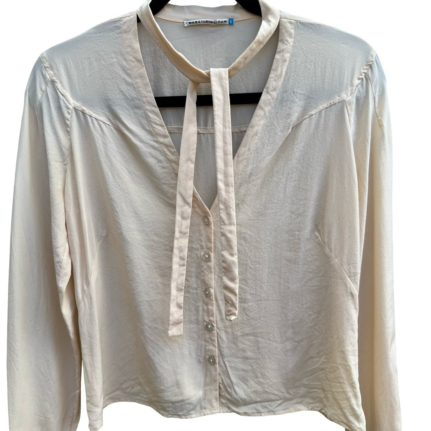 Max Studio Silk Coquette Romantic Minimalist Victorian Tie Neck Blouse Ivory S
