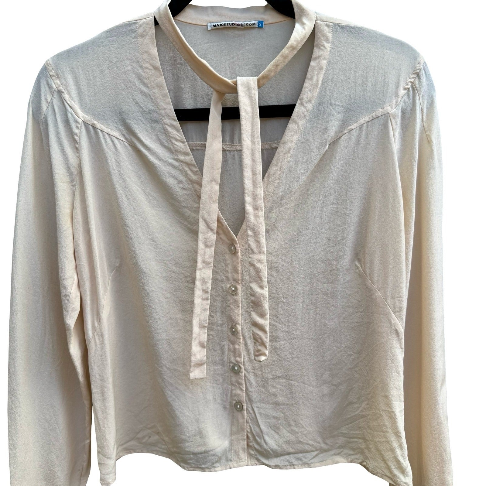Max Studio Silk Coquette Romantic Minimalist Victorian Tie Neck Blouse Ivory S