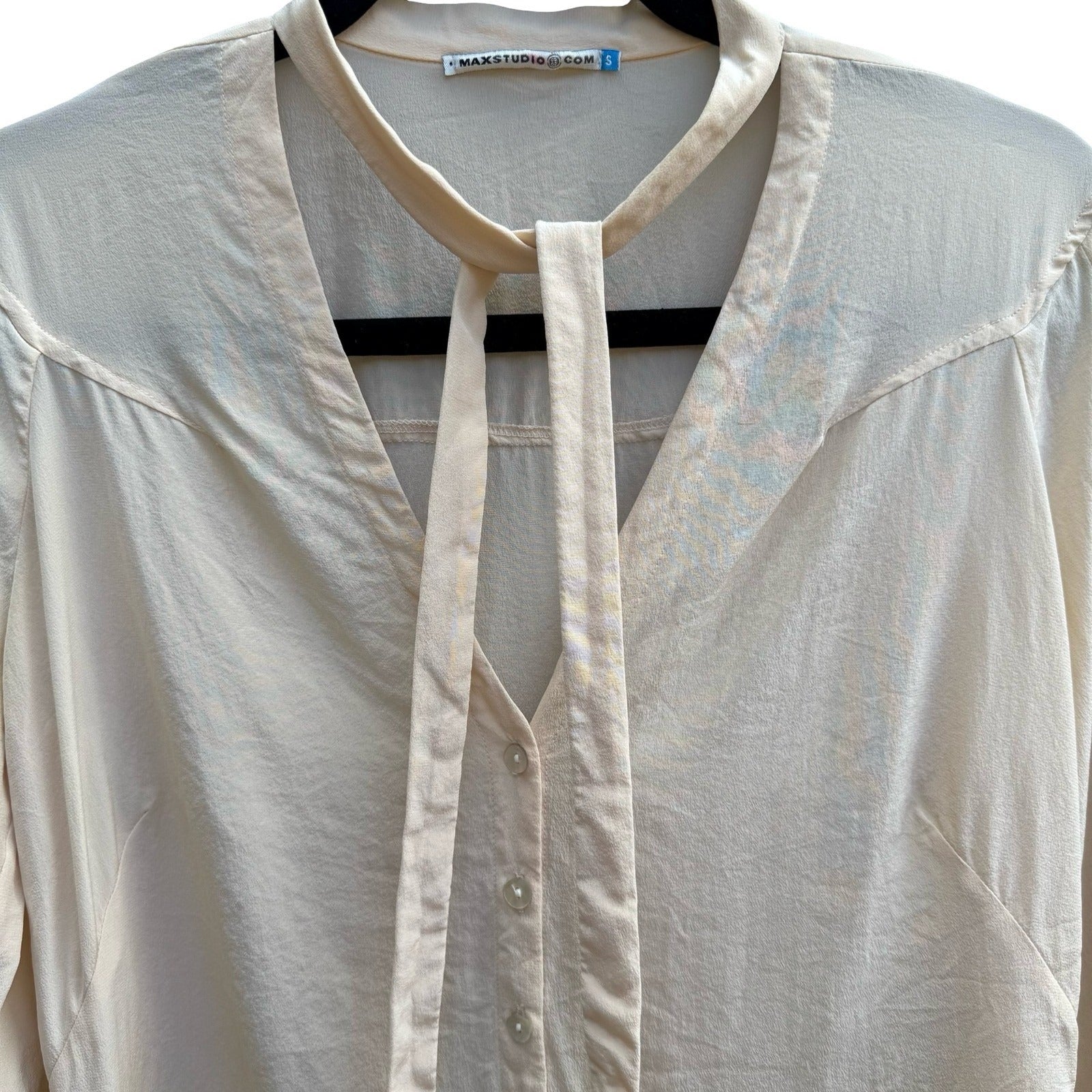 Max Studio Silk Coquette Romantic Minimalist Victorian Tie Neck Blouse Ivory S