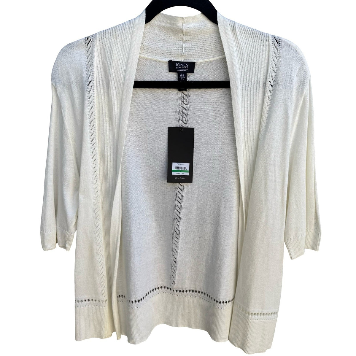 Jones New York Coastal Minimalist Pointelle Eyelet Open Front Cardigan L NEW