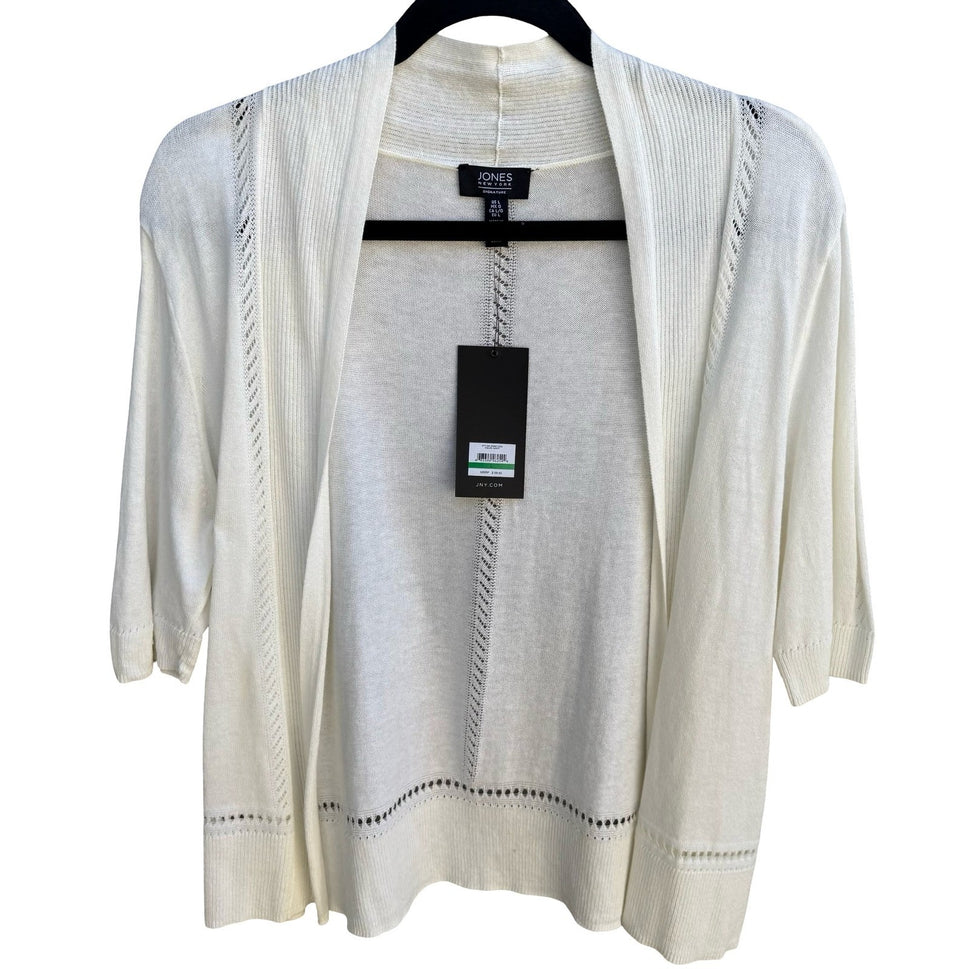 Jones New York Coastal Minimalist Pointelle Eyelet Open Front Cardigan L NEW