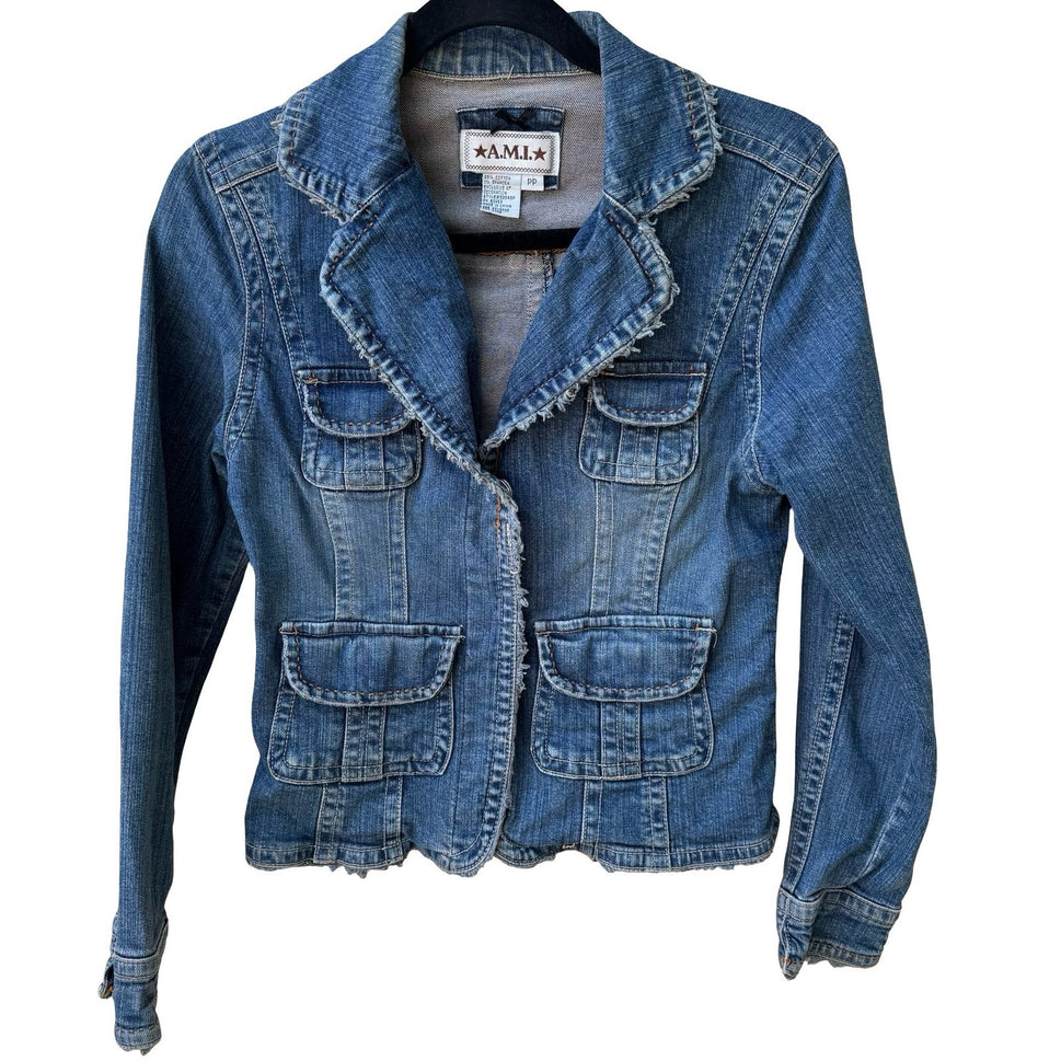 A.M.I. Y2K Boho Western Utility Indie Denim Jacket Raw Frayed Trim Snap Pocket S
