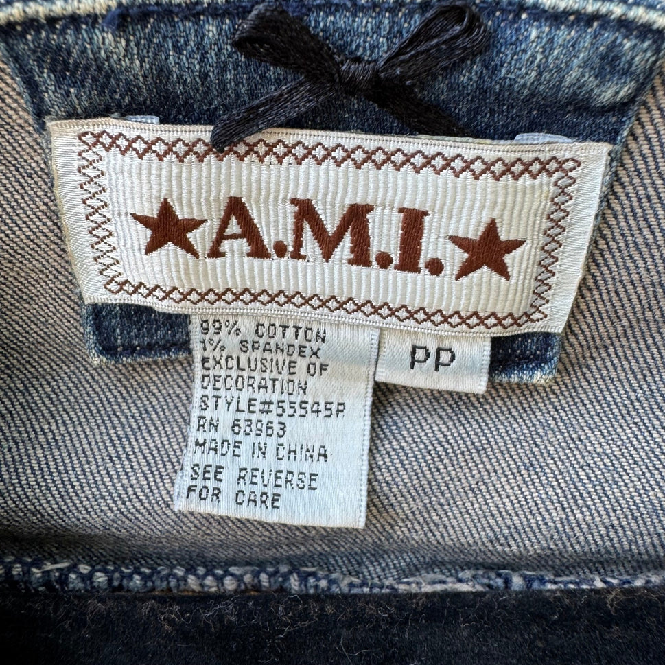 A.M.I. Y2K Boho Western Utility Indie Denim Jacket Raw Frayed Trim Snap Pocket S