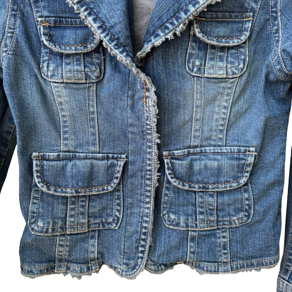 A.M.I. Y2K Boho Western Utility Indie Denim Jacket Raw Frayed Trim Snap Pocket S
