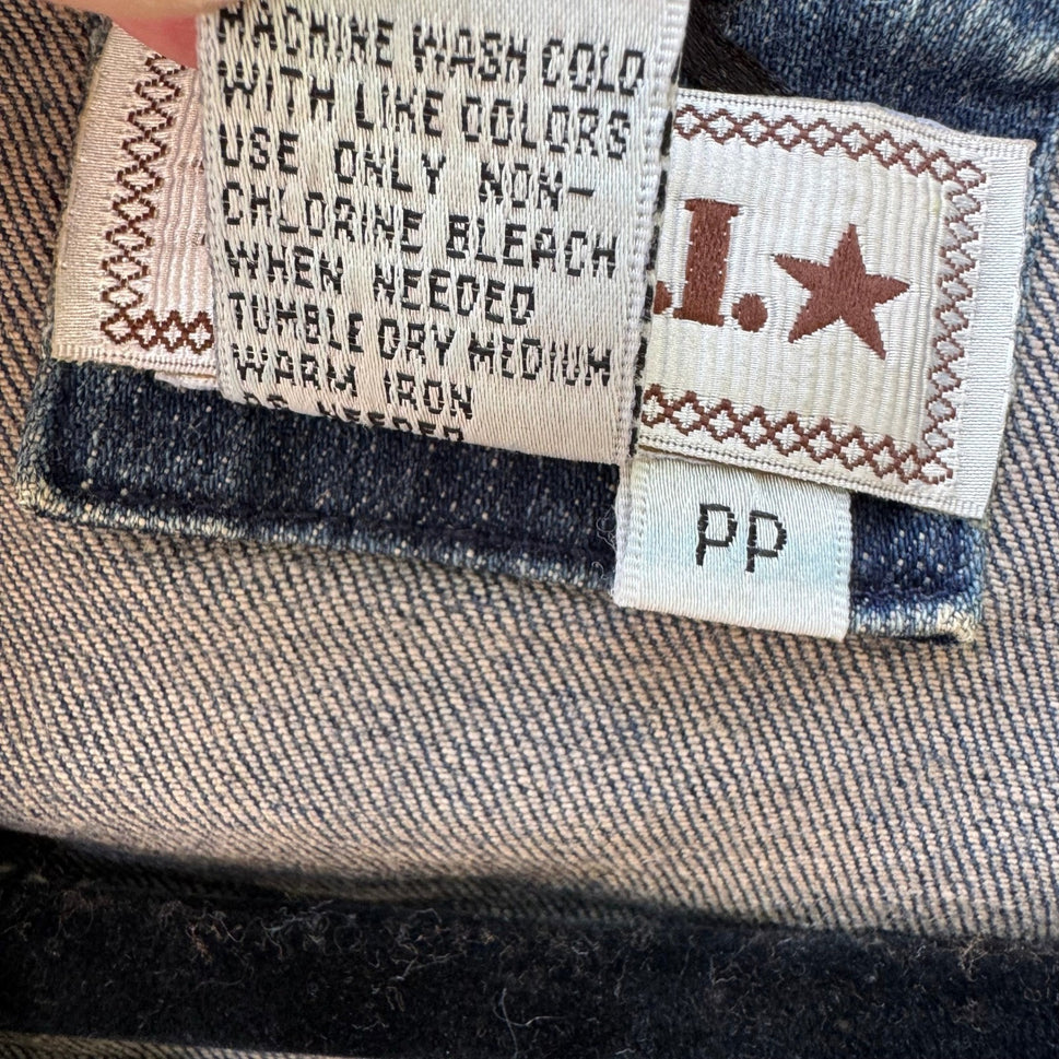 A.M.I. Y2K Boho Western Utility Indie Denim Jacket Raw Frayed Trim Snap Pocket S