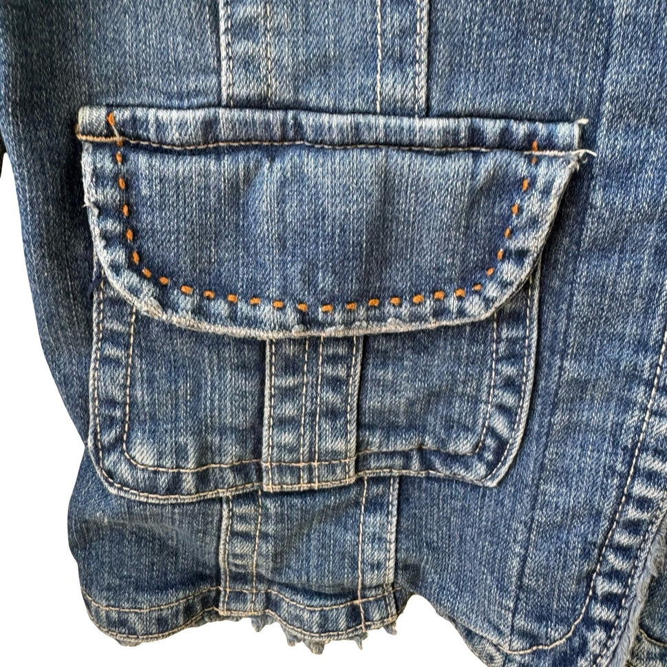 A.M.I. Y2K Boho Western Utility Indie Denim Jacket Raw Frayed Trim Snap Pocket S