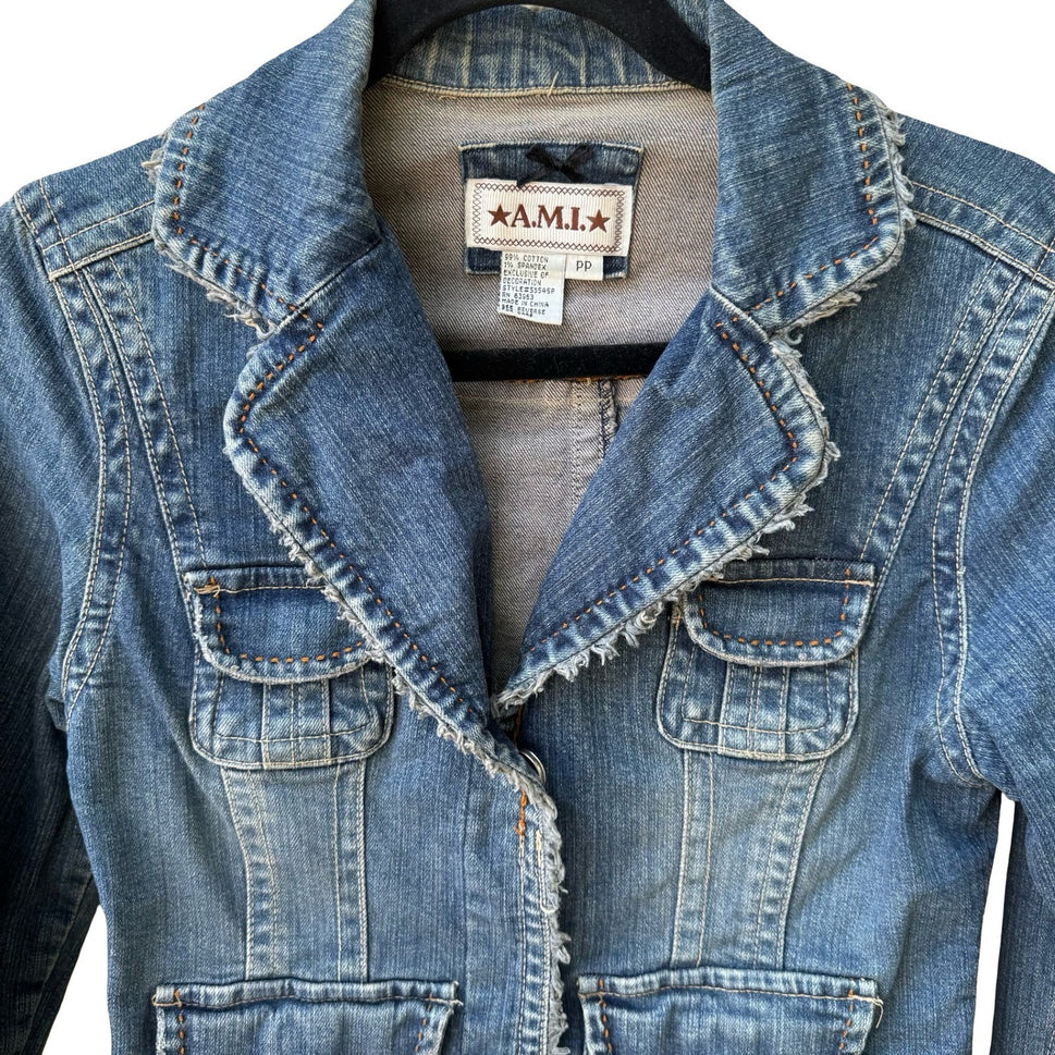 A.M.I. Y2K Boho Western Utility Indie Denim Jacket Raw Frayed Trim Snap Pocket S