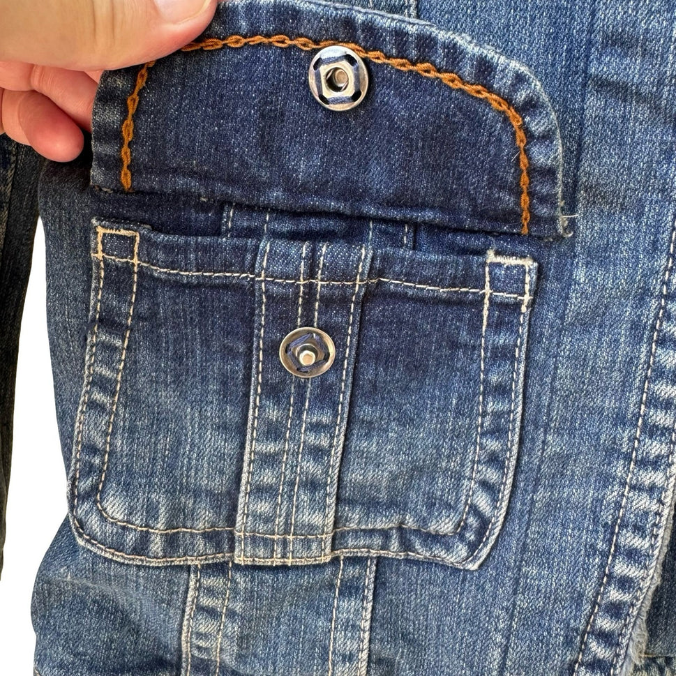 A.M.I. Y2K Boho Western Utility Indie Denim Jacket Raw Frayed Trim Snap Pocket S