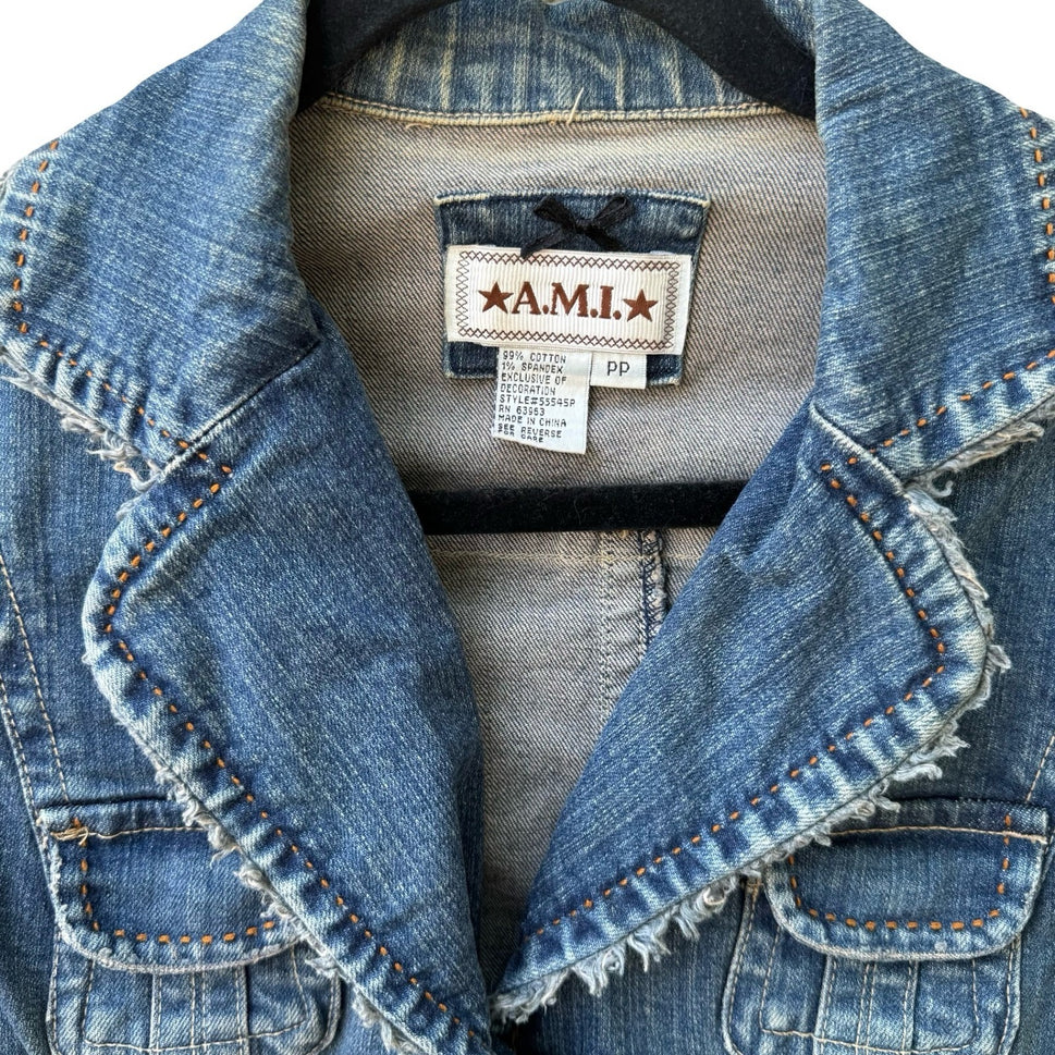 A.M.I. Y2K Boho Western Utility Indie Denim Jacket Raw Frayed Trim Snap Pocket S