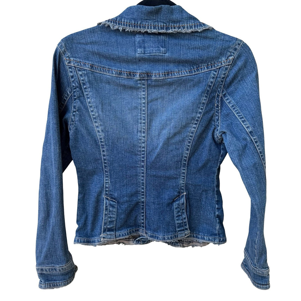 A.M.I. Y2K Boho Western Utility Indie Denim Jacket Raw Frayed Trim Snap Pocket S