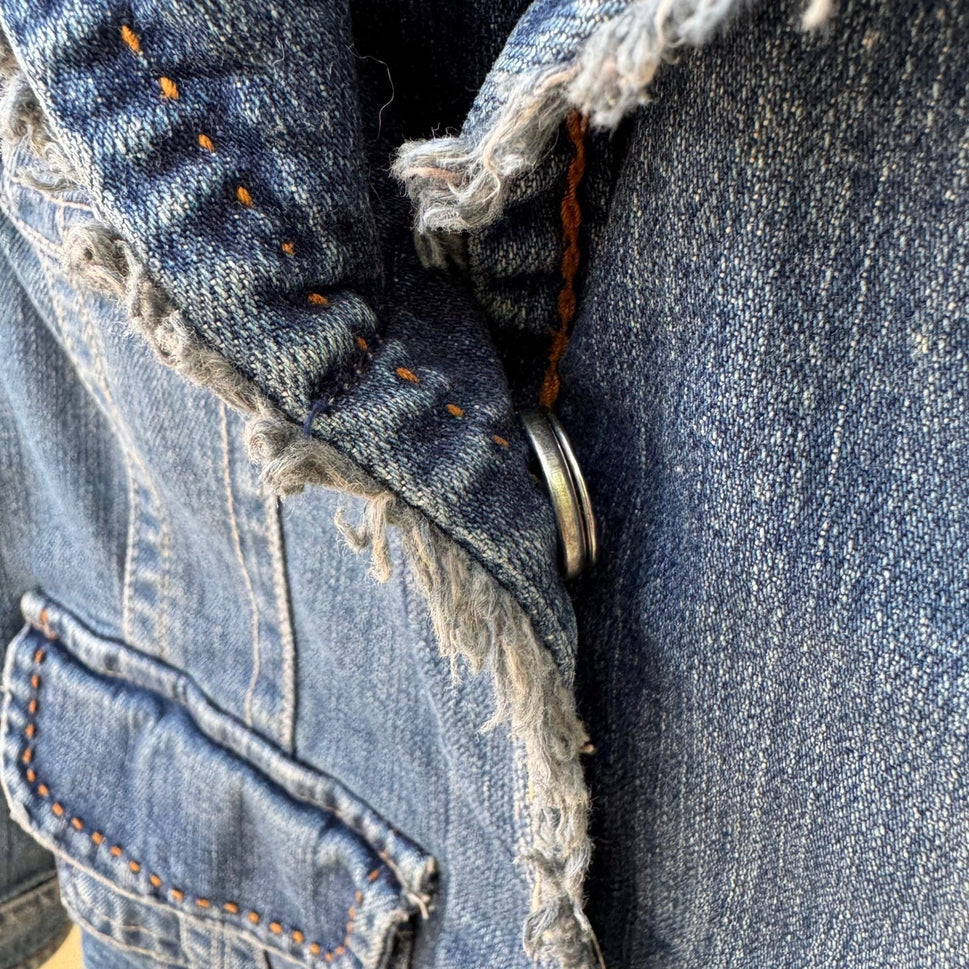 A.M.I. Y2K Boho Western Utility Indie Denim Jacket Raw Frayed Trim Snap Pocket S