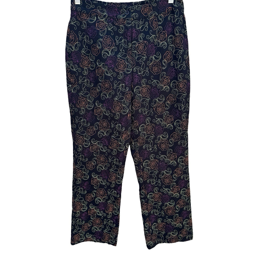 Coldwater Creek Womens 10 Black Floral Embroidered Straight Leg Pants Boho Artsy
