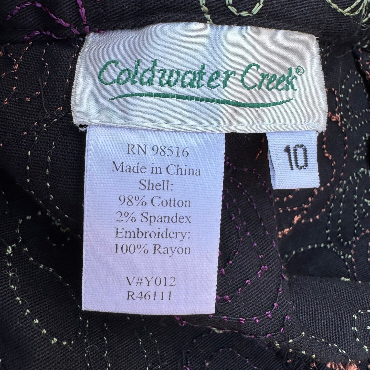 Coldwater Creek Womens 10 Black Floral Embroidered Straight Leg Pants Boho Artsy