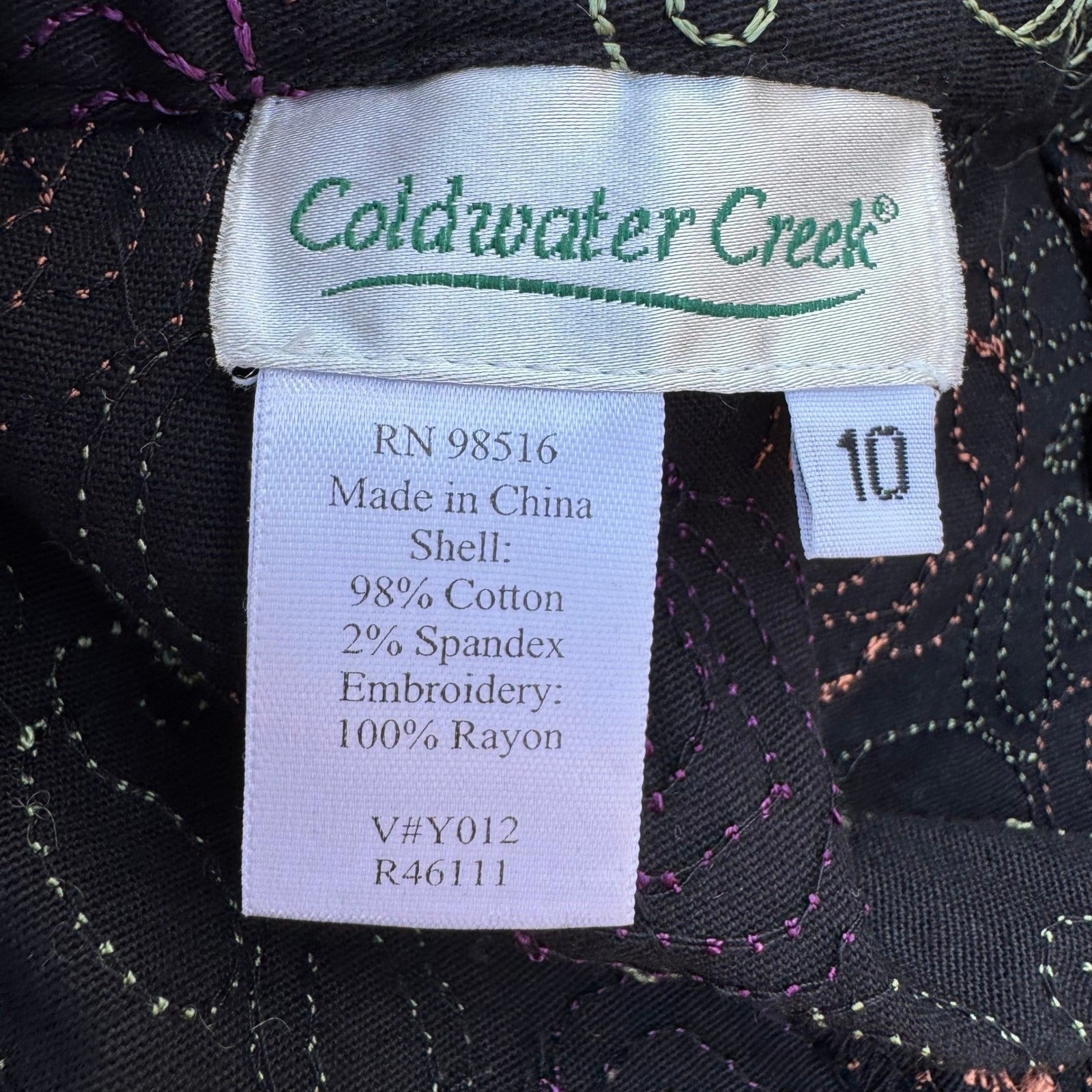 Coldwater Creek Womens 10 Black Floral Embroidered Straight Leg Pants Boho Artsy