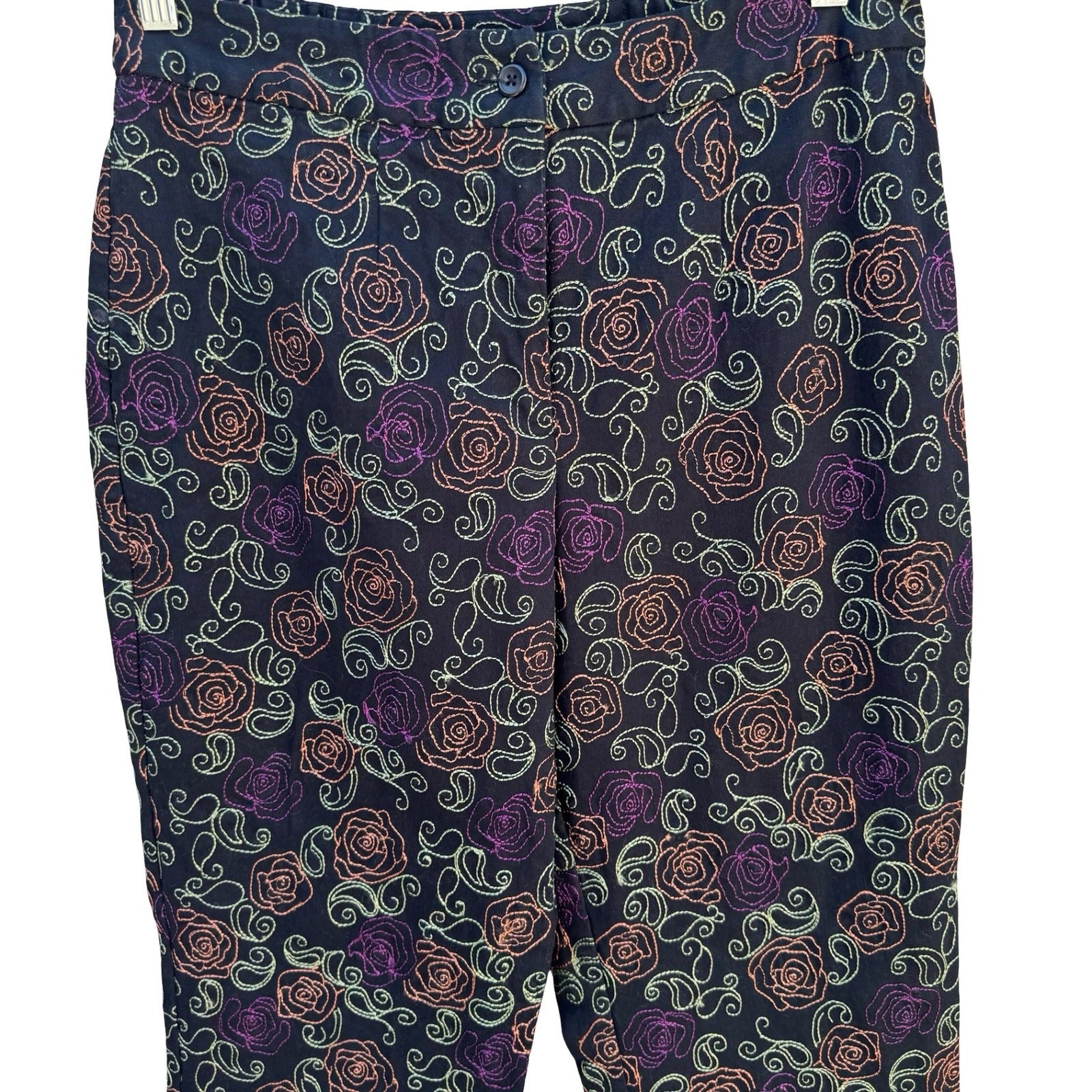 Coldwater Creek Womens 10 Black Floral Embroidered Straight Leg Pants Boho Artsy