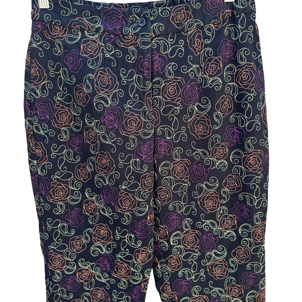 Coldwater Creek Womens 10 Black Floral Embroidered Straight Leg Pants Boho Artsy
