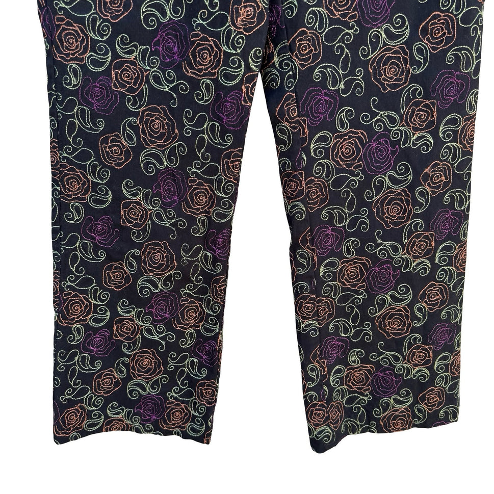 Coldwater Creek Womens 10 Black Floral Embroidered Straight Leg Pants Boho Artsy