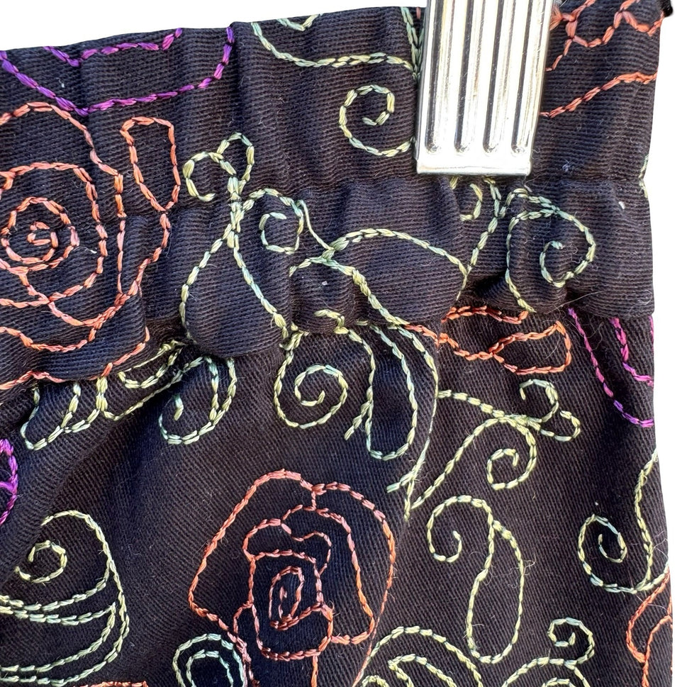 Coldwater Creek Womens 10 Black Floral Embroidered Straight Leg Pants Boho Artsy