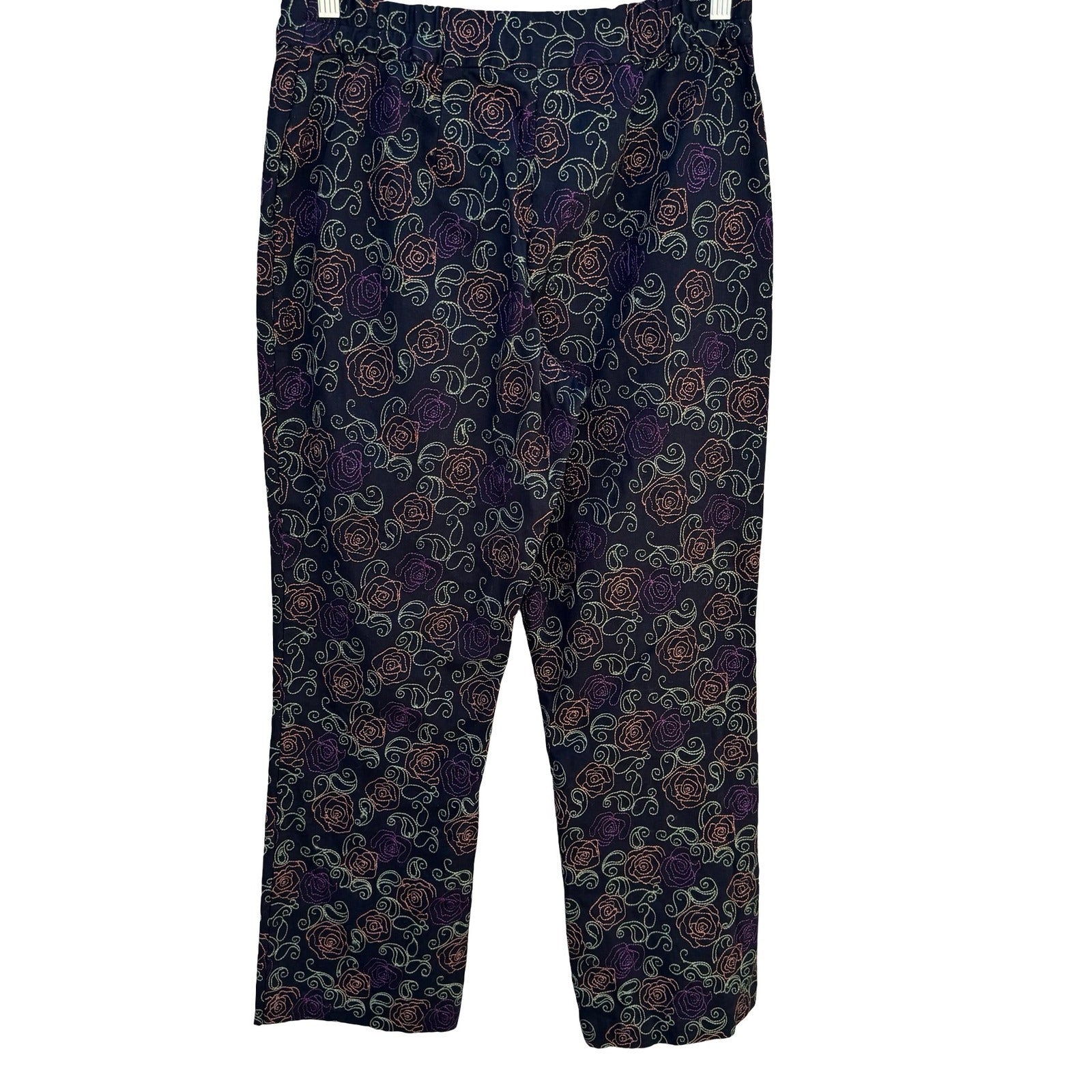 Coldwater Creek Womens 10 Black Floral Embroidered Straight Leg Pants Boho Artsy
