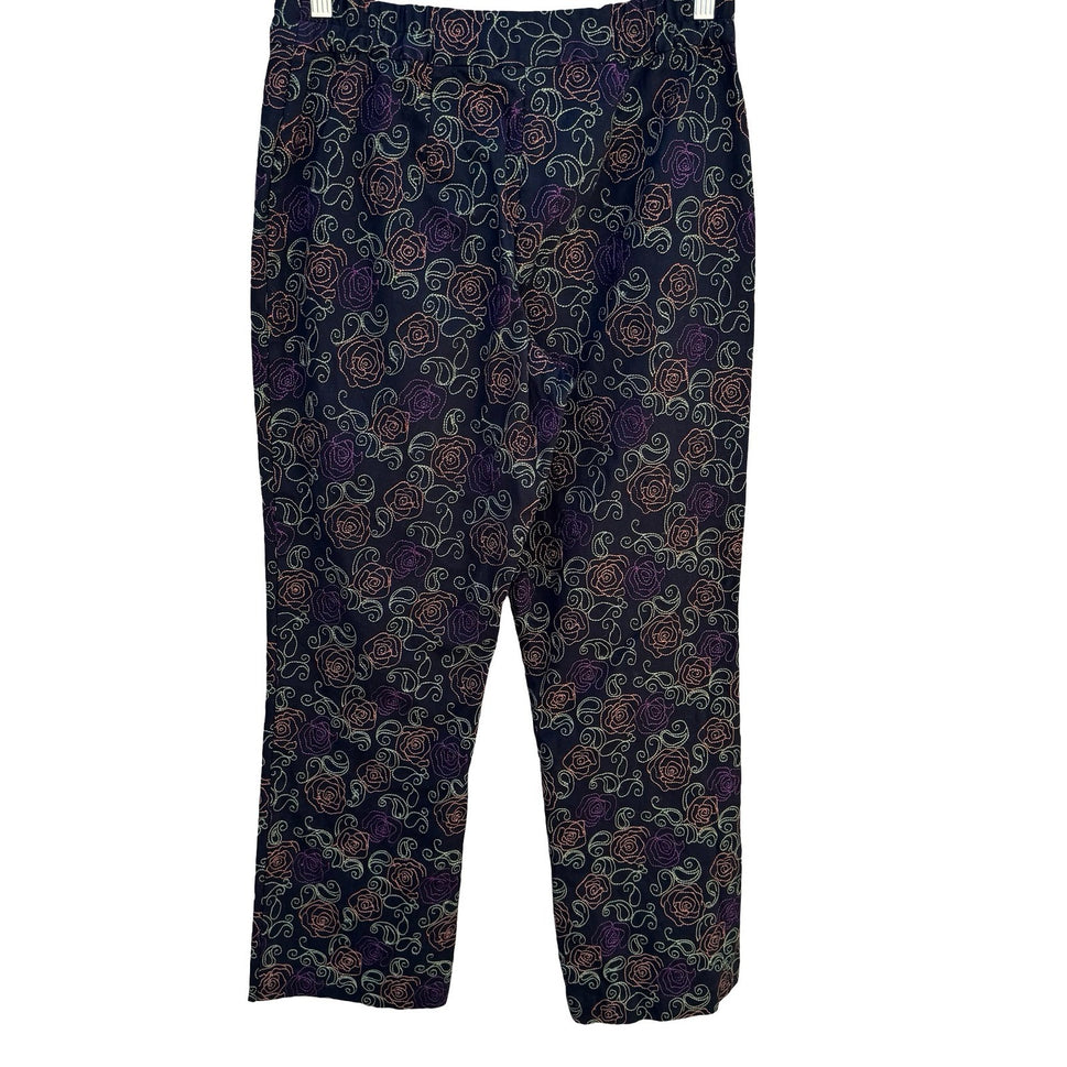 Coldwater Creek Womens 10 Black Floral Embroidered Straight Leg Pants Boho Artsy