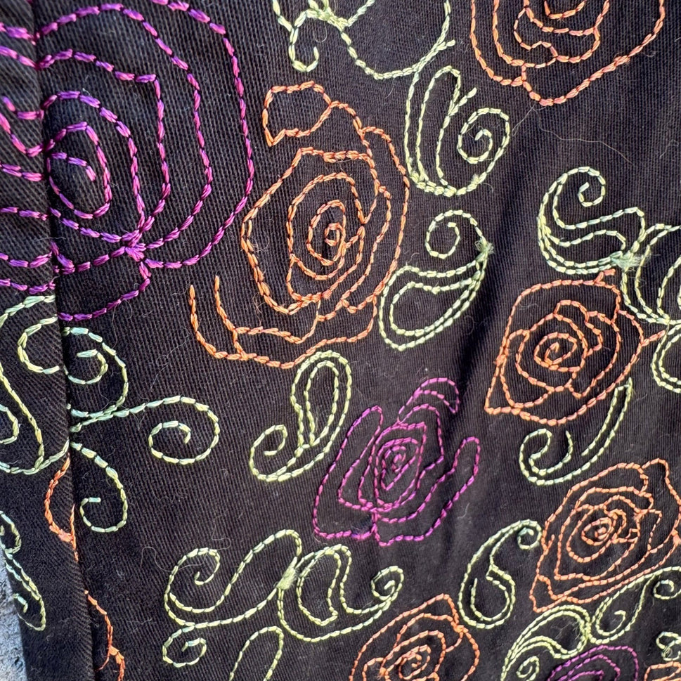Coldwater Creek Womens 10 Black Floral Embroidered Straight Leg Pants Boho Artsy