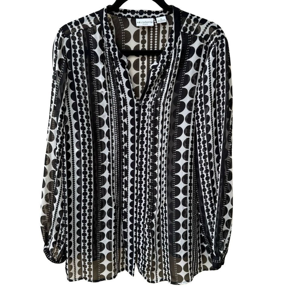 Liz Claiborne Mod Professional Geometric Dot Stripe Chiffon Blouse Black 1X