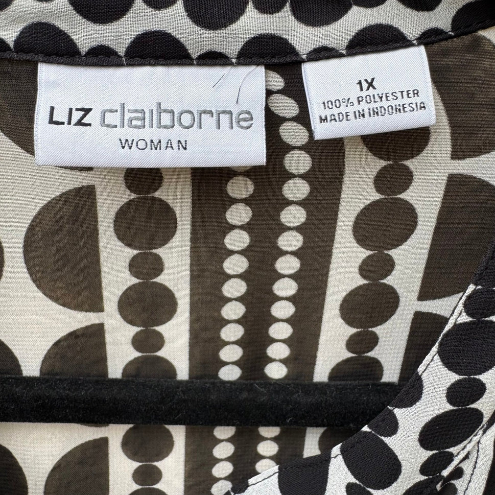 Liz Claiborne Mod Professional Geometric Dot Stripe Chiffon Blouse Black 1X