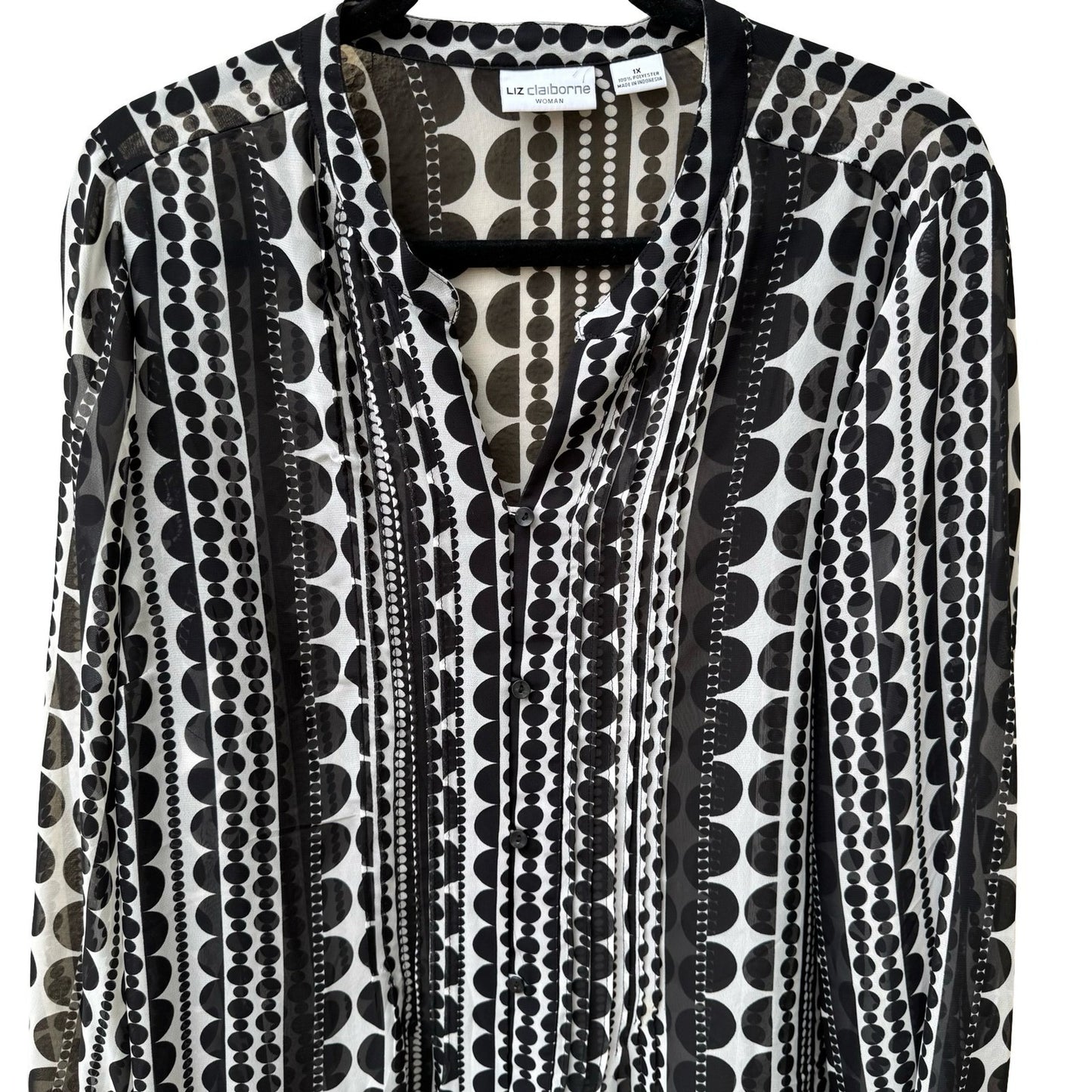 Liz Claiborne Mod Professional Geometric Dot Stripe Chiffon Blouse Black 1X